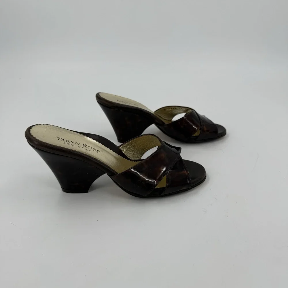 Taryn Rose Womens Size 5 EU 35 Leather Tortoise Patent Mules Heels Made Italy